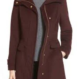 Cole Haan Women's Wool Blend Pea Coat w/ Pockets Burgundy NWT Zip-up Size 10